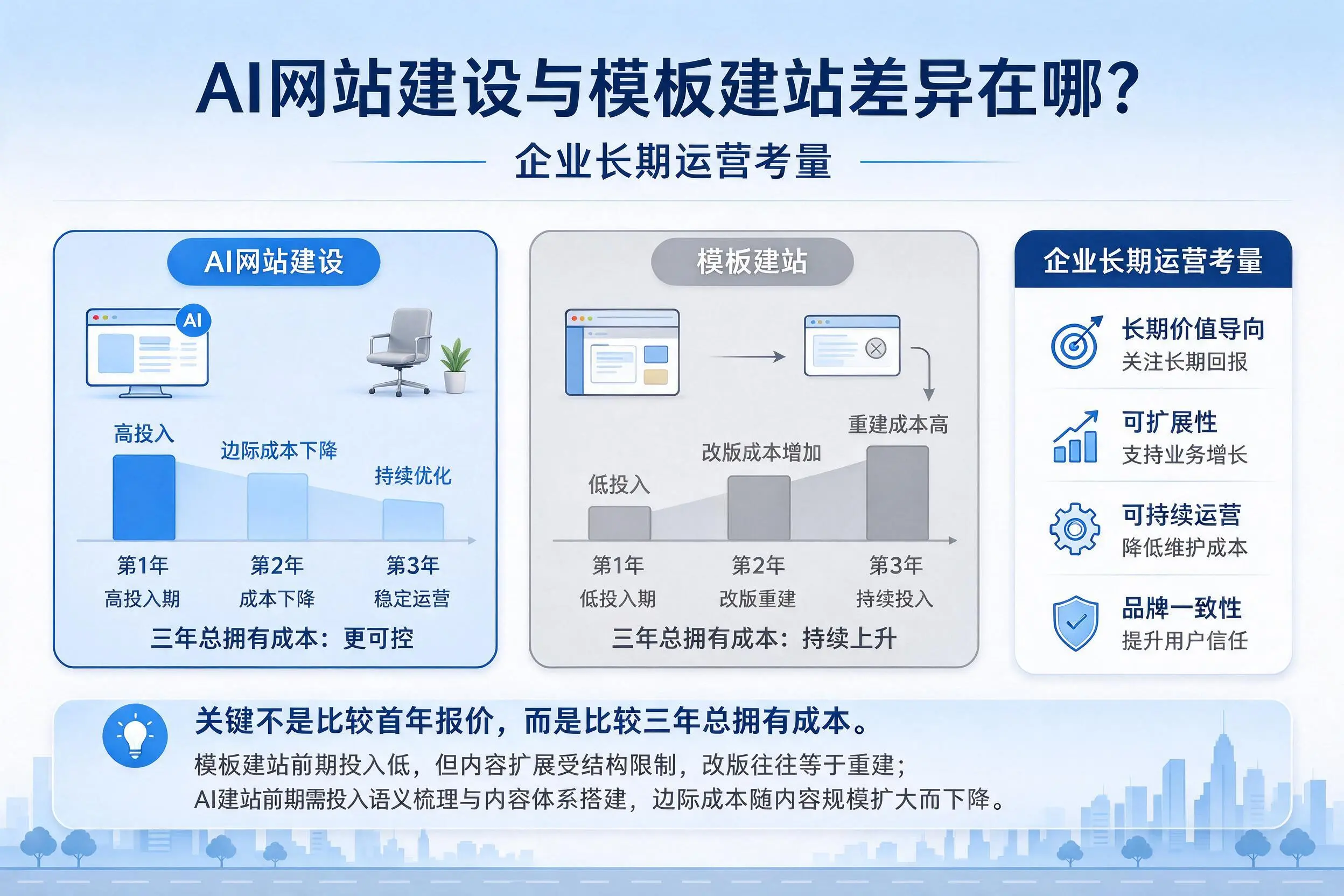AI网站建设与模板建站差异在哪?四平企业长期运营考量